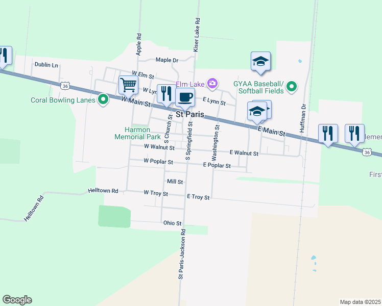 map of restaurants, bars, coffee shops, grocery stores, and more near 220 South Springfield Street in Saint Paris