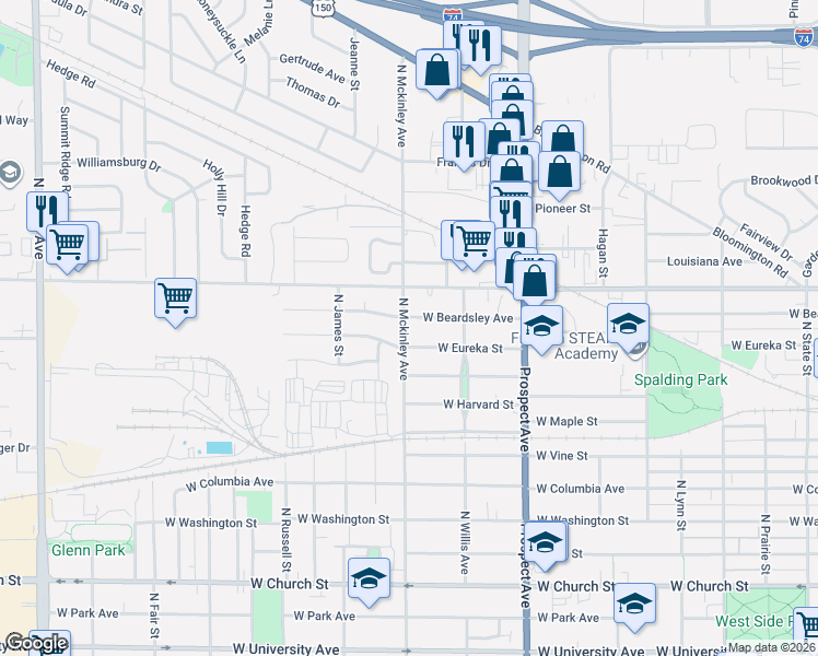 map of restaurants, bars, coffee shops, grocery stores, and more near 1101 North Mckinley Avenue in Champaign