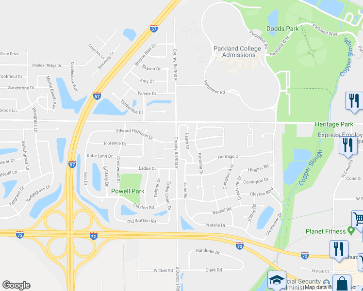 map of restaurants, bars, coffee shops, grocery stores, and more near 1102 Laura Drive in Champaign