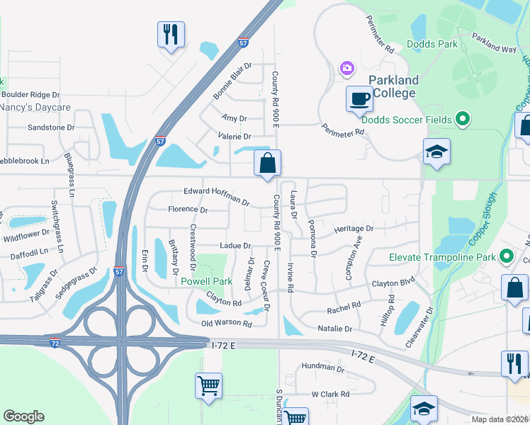 map of restaurants, bars, coffee shops, grocery stores, and more near 3002 Edward Hoffman Drive in Champaign