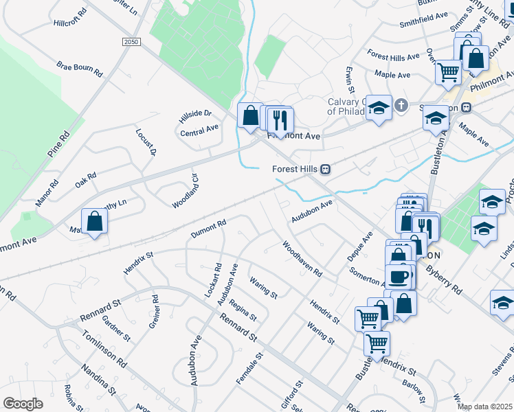 map of restaurants, bars, coffee shops, grocery stores, and more near 300 Woodhaven Road in Philadelphia
