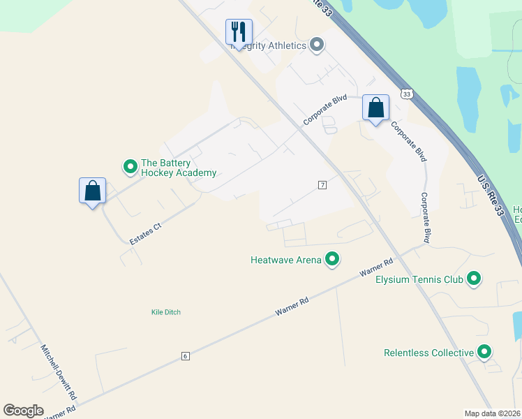 map of restaurants, bars, coffee shops, grocery stores, and more near 8265 Estates Parkway in Plain City