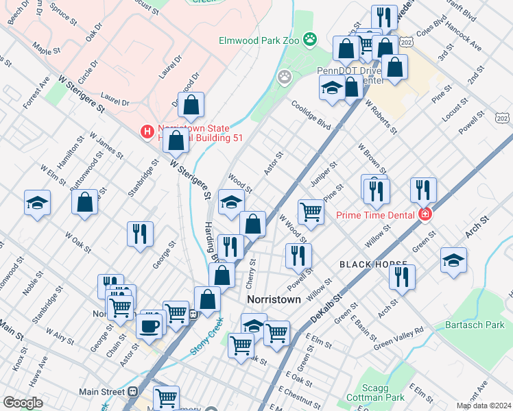 map of restaurants, bars, coffee shops, grocery stores, and more near 314 West Wood Street in Norristown