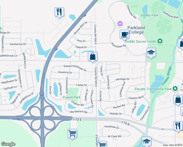 map of restaurants, bars, coffee shops, grocery stores, and more near 902 Newcastle Drive in Champaign