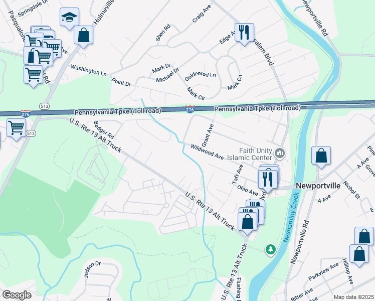 map of restaurants, bars, coffee shops, grocery stores, and more near 1334 Wildwood Avenue in Bensalem