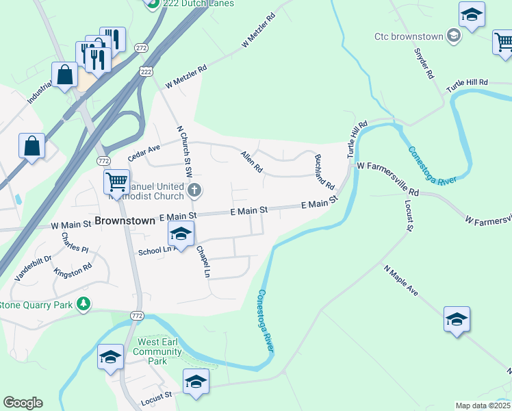 map of restaurants, bars, coffee shops, grocery stores, and more near 205 East Main Street in Ephrata