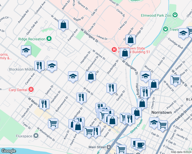 map of restaurants, bars, coffee shops, grocery stores, and more near 800 Noble Street in Norristown