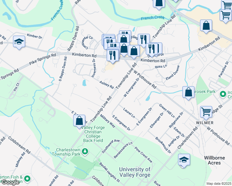 map of restaurants, bars, coffee shops, grocery stores, and more near 19 Mockingbird Lane in Phoenixville