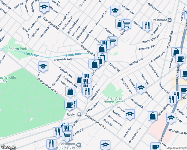 map of restaurants, bars, coffee shops, grocery stores, and more near 2346 Norwood Avenue in Roslyn