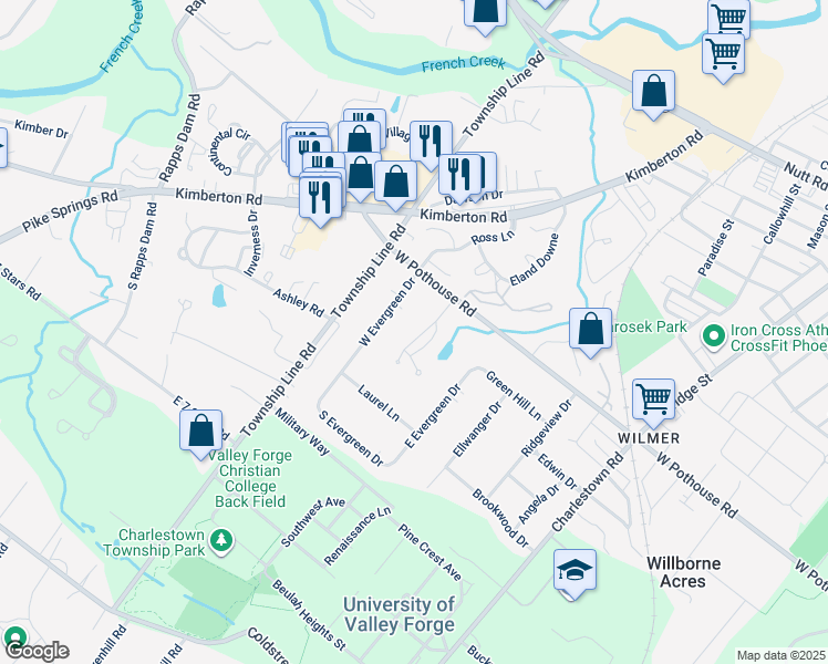 map of restaurants, bars, coffee shops, grocery stores, and more near 108 Potters Pond Drive in Phoenixville