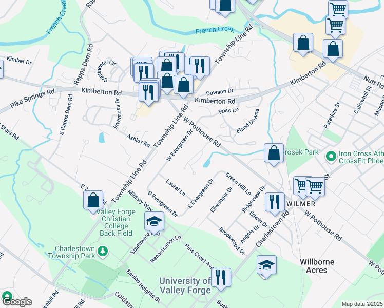 map of restaurants, bars, coffee shops, grocery stores, and more near 108 Potters Pond Drive in Phoenixville