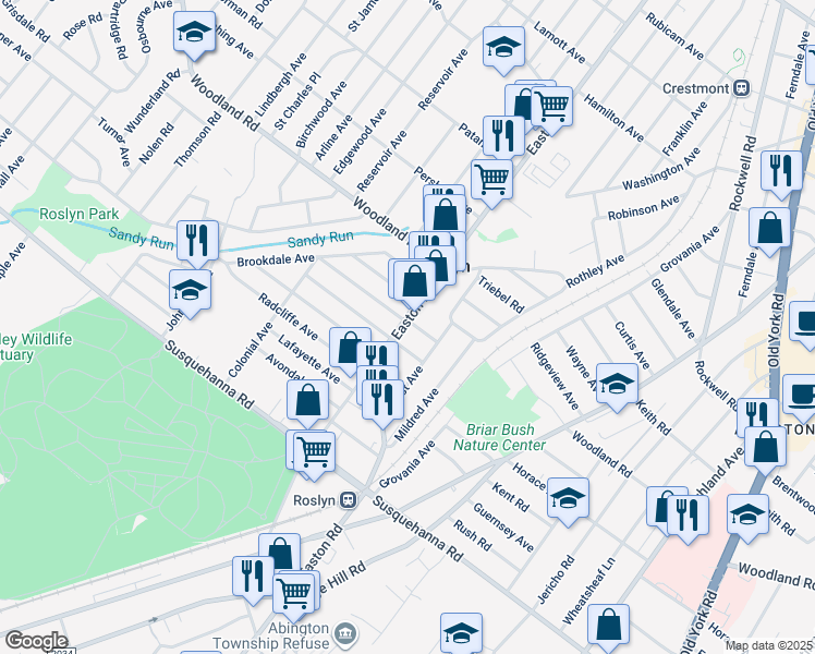 map of restaurants, bars, coffee shops, grocery stores, and more near 2346 Norwood Avenue in Roslyn
