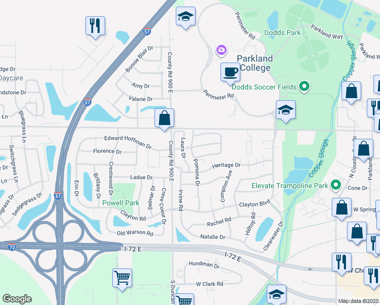 map of restaurants, bars, coffee shops, grocery stores, and more near 1102 Laura Drive in Champaign