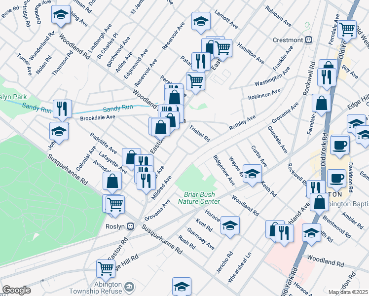 map of restaurants, bars, coffee shops, grocery stores, and more near 2311 Patton Road in Abington