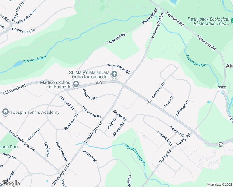map of restaurants, bars, coffee shops, grocery stores, and more near 2070 Washington Lane in Jenkintown