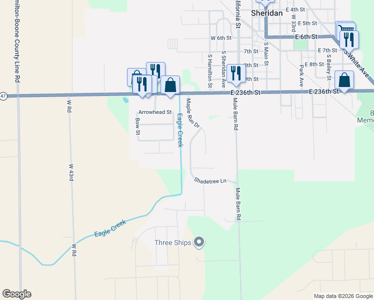 map of restaurants, bars, coffee shops, grocery stores, and more near 1224 Maple Trace Way in Sheridan