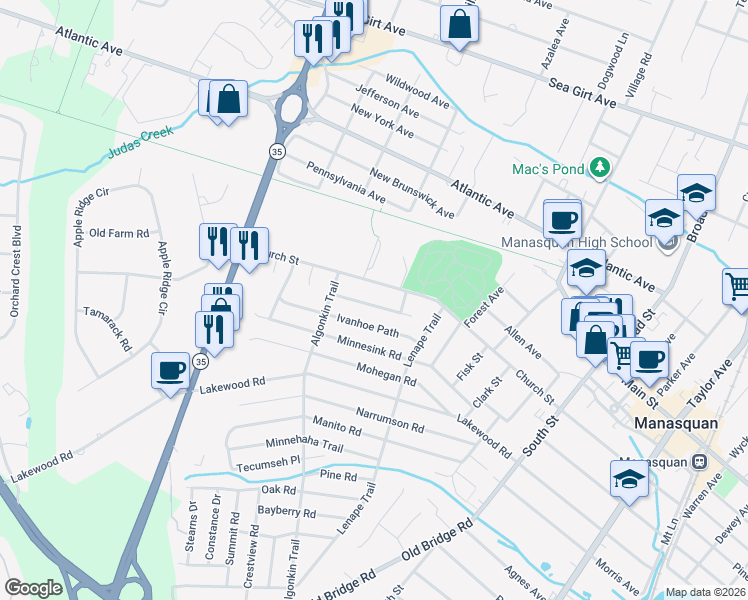 map of restaurants, bars, coffee shops, grocery stores, and more near 2300 Pennbrook Lane in Manasquan