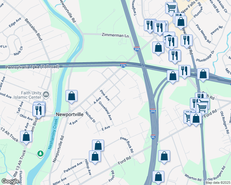 map of restaurants, bars, coffee shops, grocery stores, and more near 2727 B Avenue in Levittown