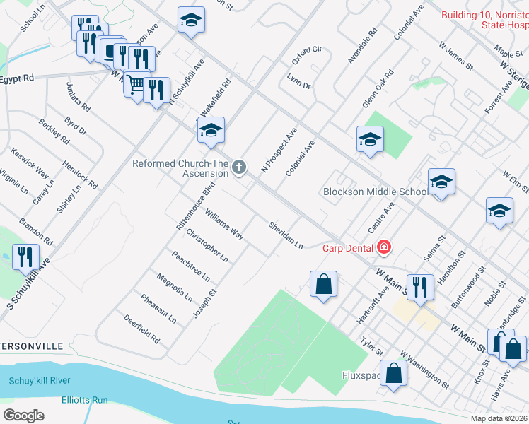 map of restaurants, bars, coffee shops, grocery stores, and more near 1640 West Main Street in Eagleville