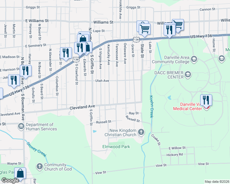 map of restaurants, bars, coffee shops, grocery stores, and more near 201-299 Tennessee Avenue in Danville