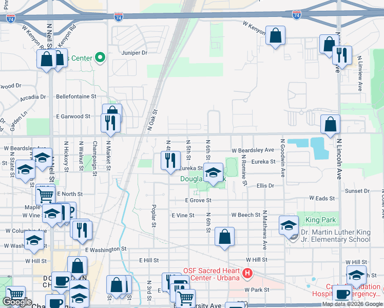 map of restaurants, bars, coffee shops, grocery stores, and more near 506 East Beardsley Avenue in Champaign