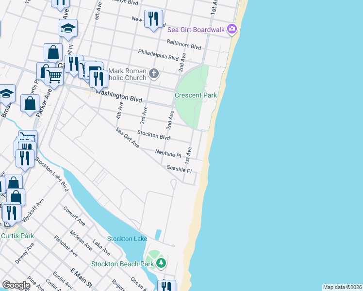 map of restaurants, bars, coffee shops, grocery stores, and more near 109 Stockton Boulevard in Sea Girt