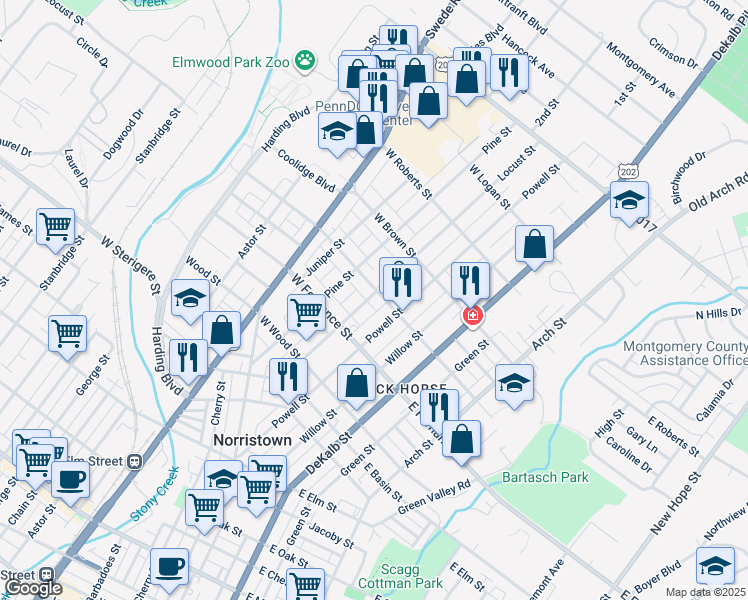 map of restaurants, bars, coffee shops, grocery stores, and more near 26 West Freedley Street in Norristown