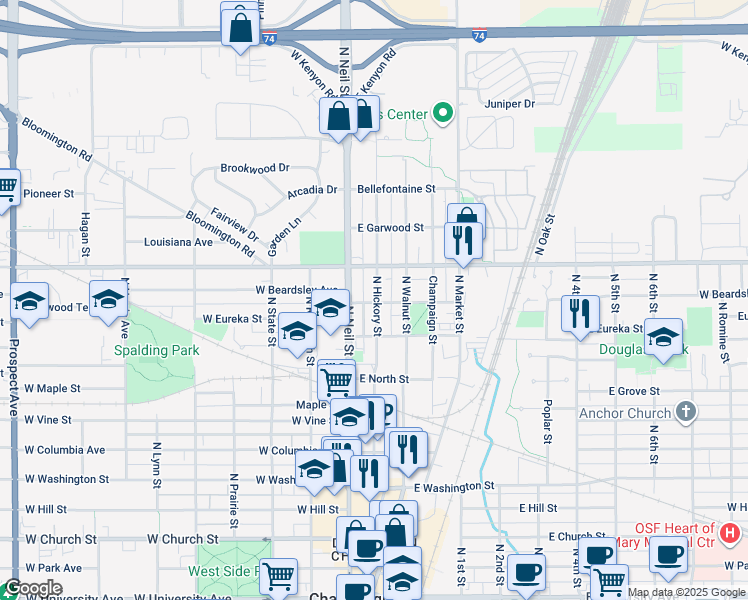 map of restaurants, bars, coffee shops, grocery stores, and more near 1107 North Hickory Street in Champaign