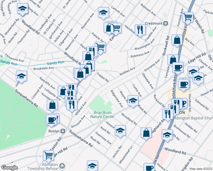 map of restaurants, bars, coffee shops, grocery stores, and more near 2302 Triebel Road in Abington