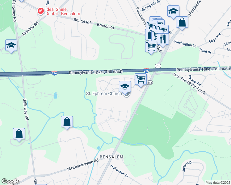map of restaurants, bars, coffee shops, grocery stores, and more near 195 Harmony Court in Bensalem