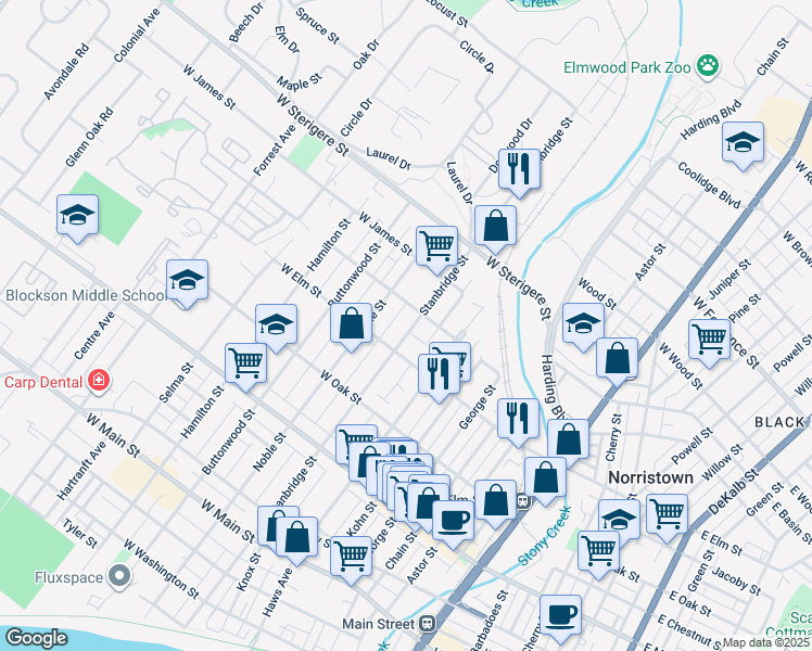 map of restaurants, bars, coffee shops, grocery stores, and more near 821 Stanbridge Street in Norristown