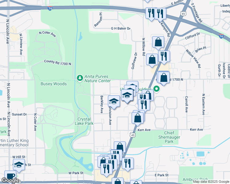 map of restaurants, bars, coffee shops, grocery stores, and more near 306 Thompson Street in Urbana