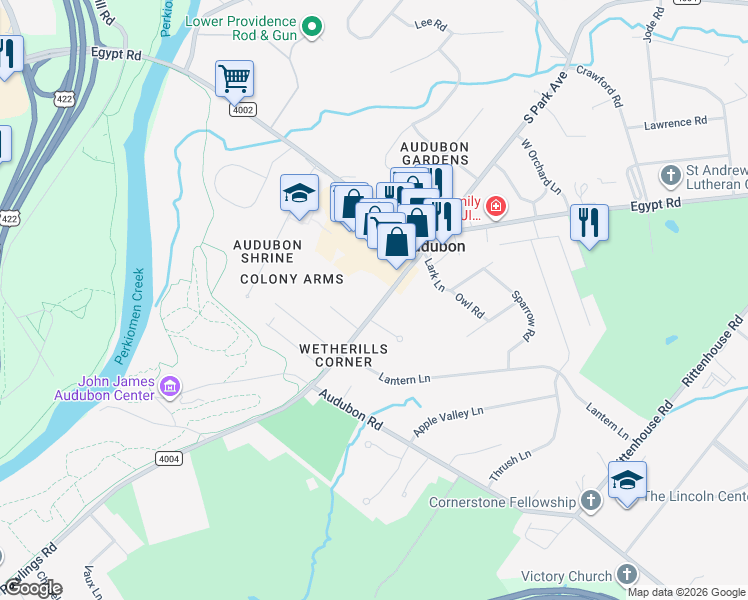 map of restaurants, bars, coffee shops, grocery stores, and more near 1137 Pawlings Road in Eagleville