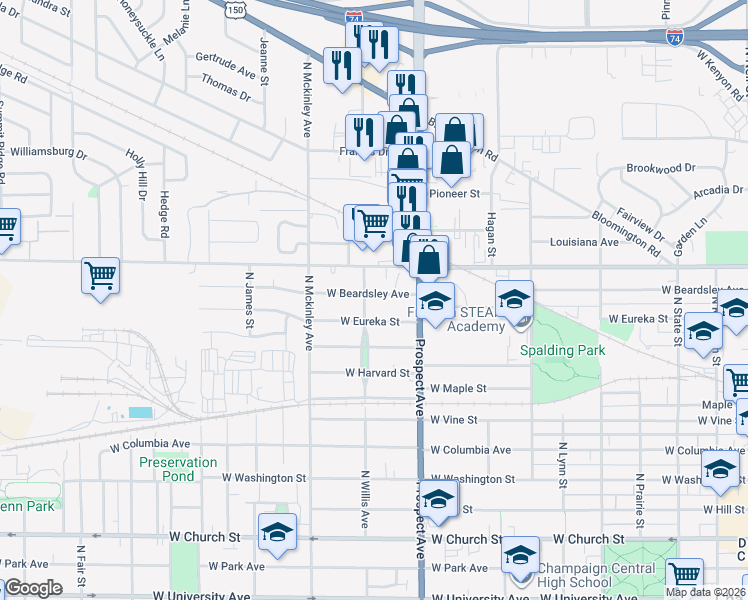 map of restaurants, bars, coffee shops, grocery stores, and more near 920 West Beardsley Avenue in Champaign