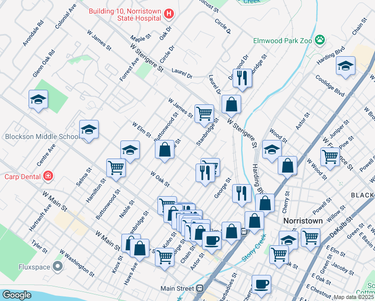 map of restaurants, bars, coffee shops, grocery stores, and more near 829 Stanbridge Street in Norristown