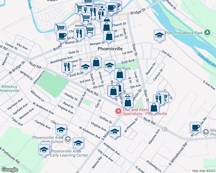 map of restaurants, bars, coffee shops, grocery stores, and more near 14 Buttonwood Street in Phoenixville