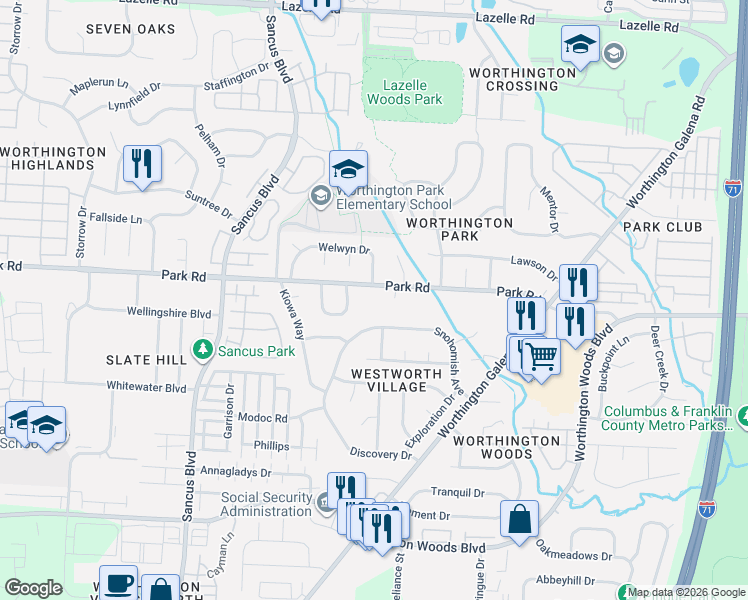map of restaurants, bars, coffee shops, grocery stores, and more near 581 Park Road in Worthington