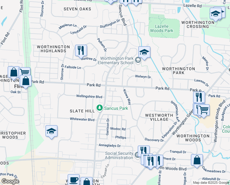 map of restaurants, bars, coffee shops, grocery stores, and more near 7885 Kiowa Way in Worthington