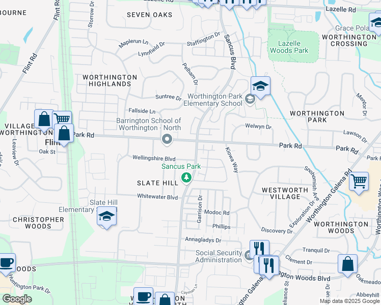 map of restaurants, bars, coffee shops, grocery stores, and more near 7915 Woodhouse Lane in Columbus