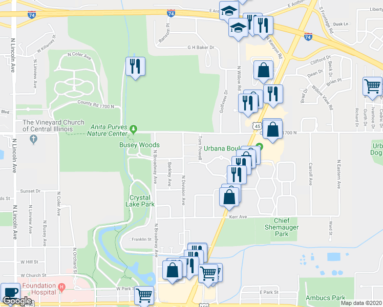 map of restaurants, bars, coffee shops, grocery stores, and more near 307 Greenview Drive in Urbana
