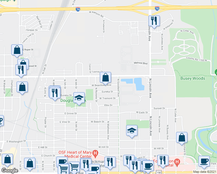 map of restaurants, bars, coffee shops, grocery stores, and more near 1501 North Goodwin Avenue in Urbana