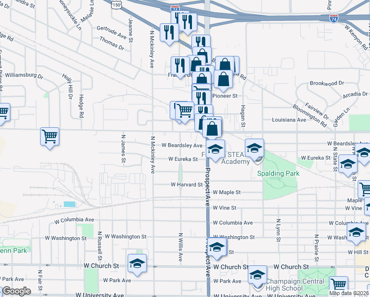 map of restaurants, bars, coffee shops, grocery stores, and more near 920 West Beardsley Avenue in Champaign