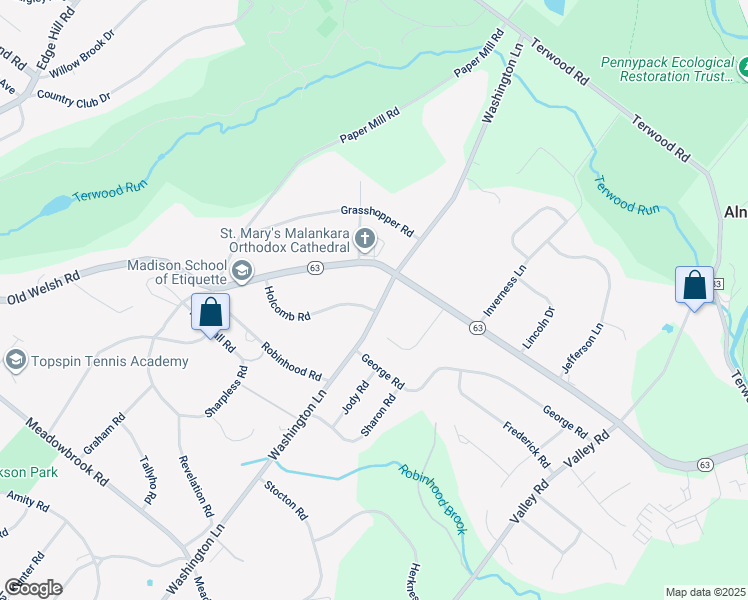 map of restaurants, bars, coffee shops, grocery stores, and more near 2070 Washington Lane in Jenkintown
