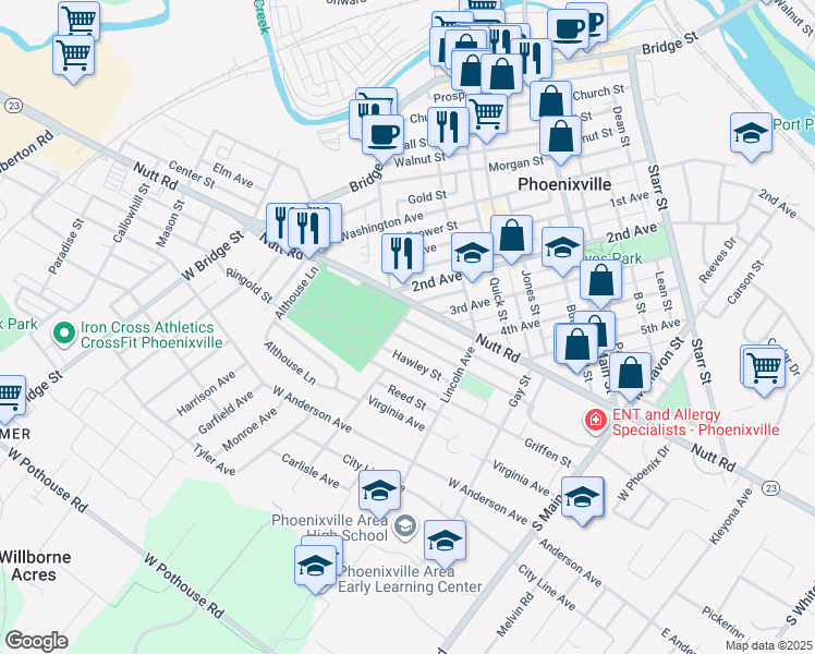 map of restaurants, bars, coffee shops, grocery stores, and more near 224 Milligan Street in Phoenixville