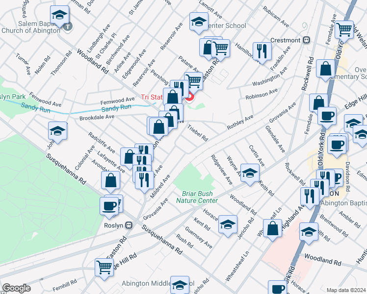 map of restaurants, bars, coffee shops, grocery stores, and more near 2311 Patton Road in Abington