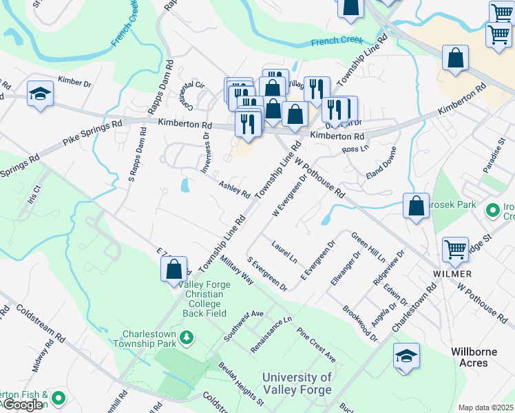 map of restaurants, bars, coffee shops, grocery stores, and more near 20 Mockingbird Lane in Phoenixville