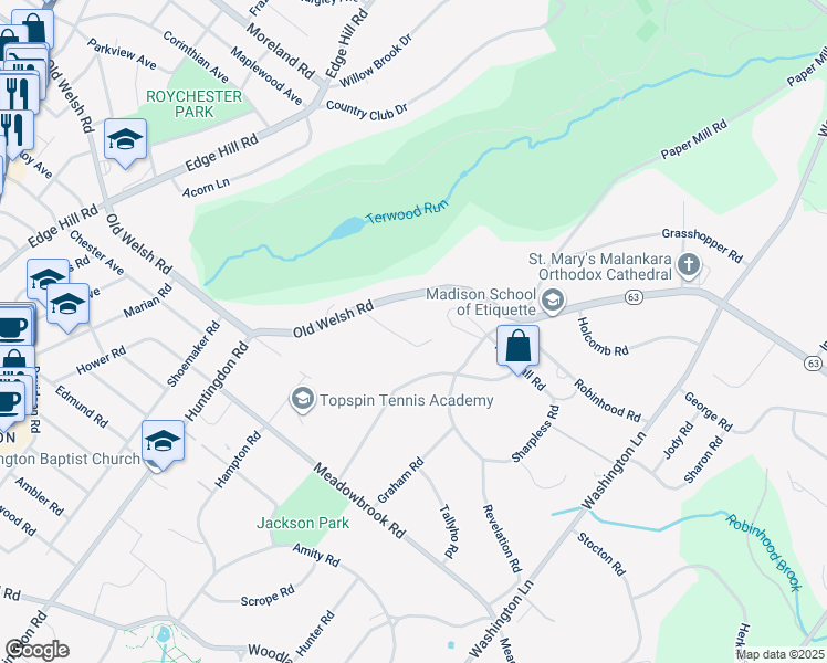 map of restaurants, bars, coffee shops, grocery stores, and more near 1664 Old Welsh Road in Montgomery County