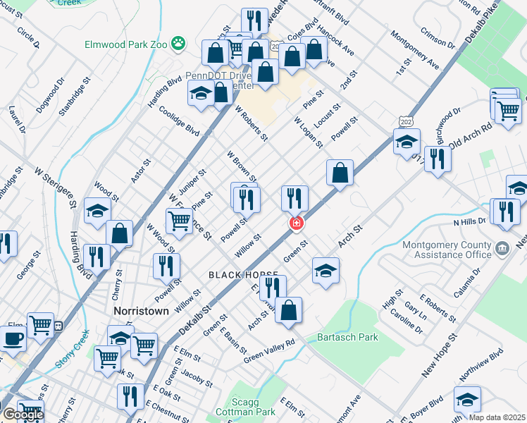 map of restaurants, bars, coffee shops, grocery stores, and more near 1534 Powell Street in Norristown
