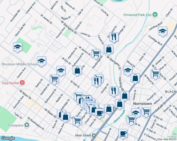 map of restaurants, bars, coffee shops, grocery stores, and more near 821 Stanbridge Street in Norristown