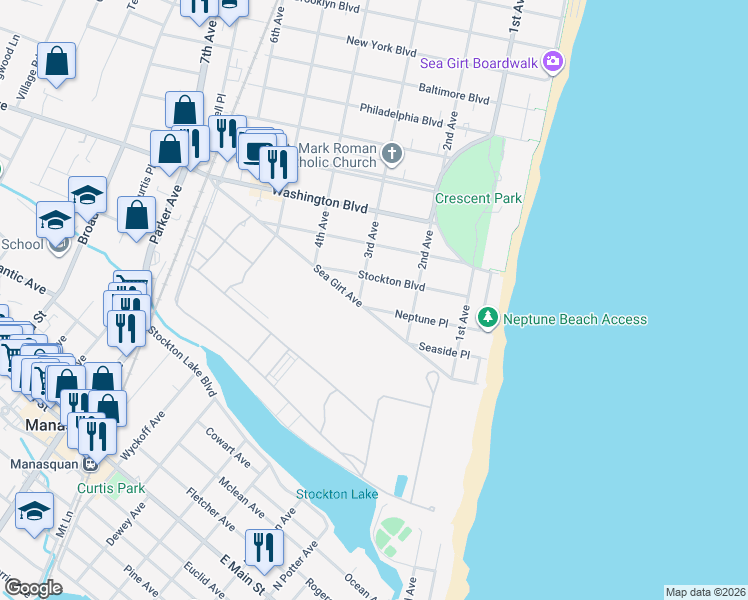map of restaurants, bars, coffee shops, grocery stores, and more near 218 Stockton Boulevard in Sea Girt
